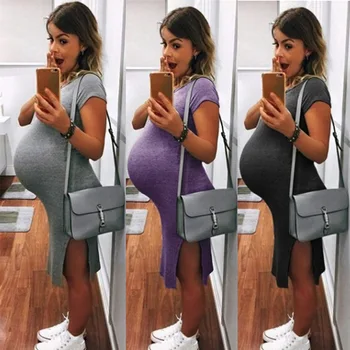 

Women's Maternity Pregnant Dresses Pregnant Woman O-neck Short Sleeve 2019 Summer Solid Dress Pregnancy Gowns For Photo Shoot