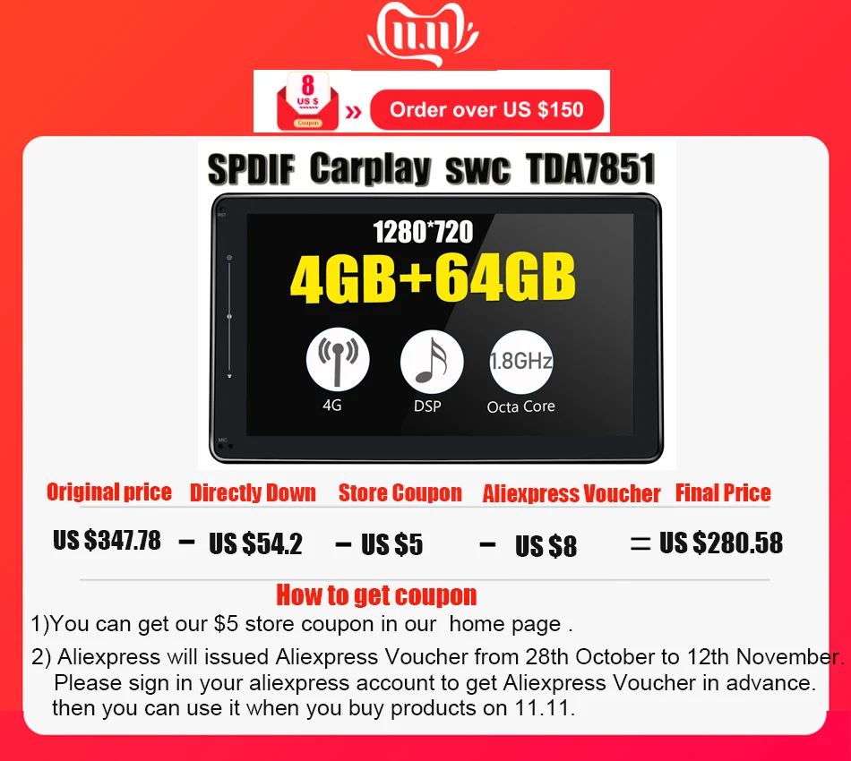 Excellent 8"Android 8.1 Car Radio Stereo 4GB +64GB 1280*720 Double Din Universal Head Unit GPS No DVD Player Built in Carplay 4G Modem DSP 0