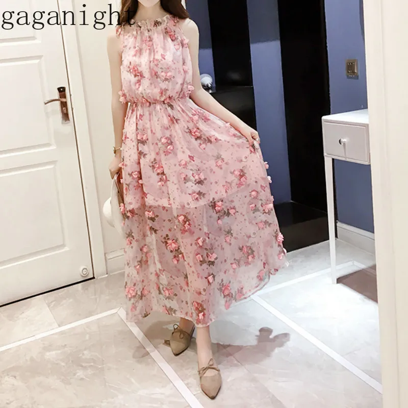 

Gaganight Bohemian Flower Elegant Women Summer Dress Sleeveless Maxi Dresses Female Beach Holiday Pink Dress Chiffon Chic A Line
