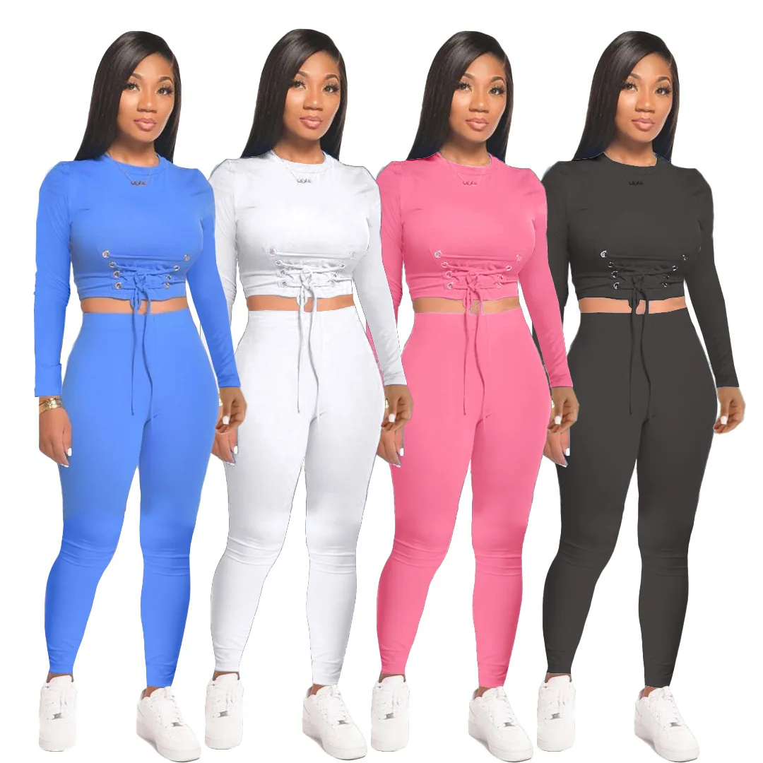 Joskaa Solid Short Tops Trousers Bandage Outfits Tracksuits Sports Suit Matching Set Sexy Casual Jogger Women's Two Piece Suit