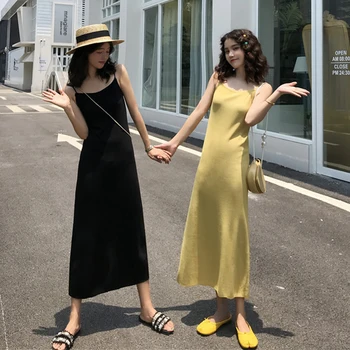 

Korean Chic Midi Women's Dresses Elegant Sweet Split Knit Kawaii Dress Black Yellow Spring Summer Basic Sundress Sexy Robe Femme