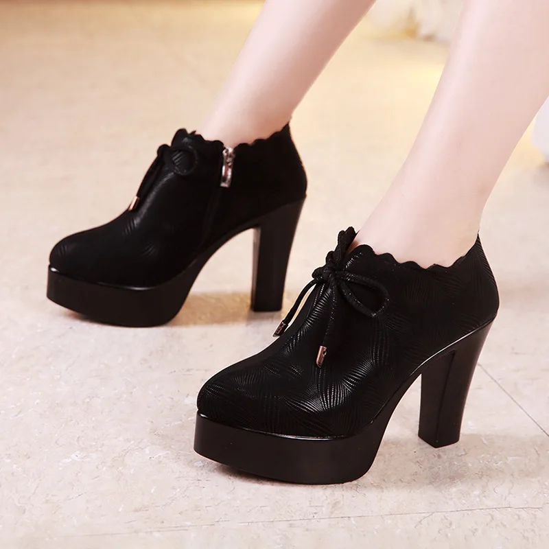 black 10cm Большие размеры 32-43; туфли на платформе с глубоким носком на блочном каблуке; женские туфли-лодочки; коллекция года; осенние черные туфли на высоком каблуке; женские офисные вечерние туфли - Цвет: black 10cm