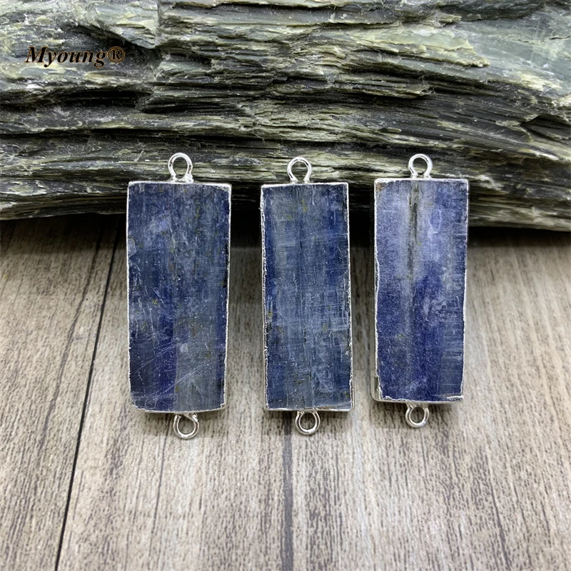 

Rectangle Silver-Plated Natural Blue Kyanite Slab Connector Pendant,Gems Stone Bead Charms For DIY Jewelry Making Accessories