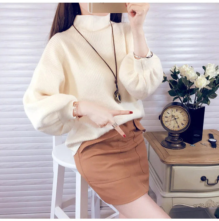 2019 Autumn Winter Women Knitted Turtleneck Thick Sweater Casual Puff Sleeve Loose Red Jumper Sweater Femme Elasticity Pullovers 2019 Autumn Winter Women Knitted Turtleneck Thick Sweater Casual Puff Sleeve Loose Red Jumper Sweater Femme Elasticity Pullovers