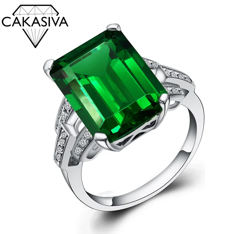 

Emerald Ring plated with 925 silver color treasure carat square color gem Tourmaline Ring High Quality Jewelry