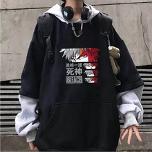 

Japan BLEACH Printed Anime Hoodie Hooded Streetwear Sweatshirts Men/Women Loose Plus Fleece Fake Two-piece Stitching Hoodies Top