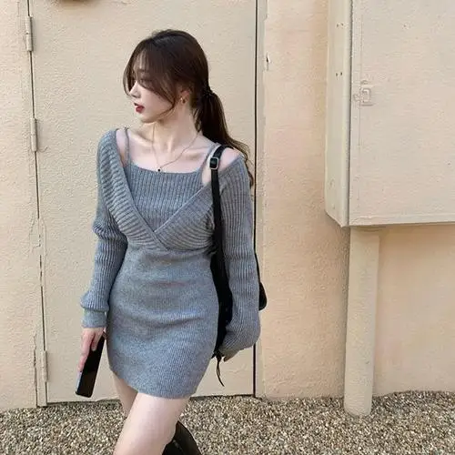 Long Sleeve Dress Women Stylish Fake 2 Pieces Tender Square Collar Mini Preppy Ulzzang Knitting Daily Sexy Ladies Vestidos Soft cocktail dresses Dresses