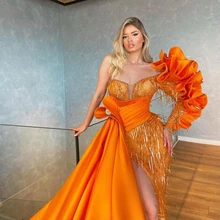 

Luxury Elegant Evening Dresses One Shoulder Long Sleeves Ruffles High Split Sequins Tassel Women Prom Pageant Gowns Custom Made