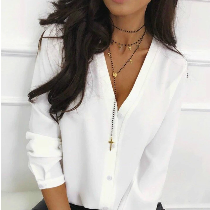 

Women Autumn Casual V Neck Loose Blouse And Tops Sexy Solid Long Sleeve OL Work Shirts 2019 New Fashion Elegant Tops Blusa