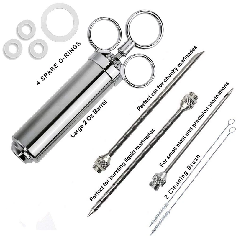 

Meat Injector Syringe, 2-oz Marinade Flavor Injector 304 Stainless Steel with 3 Professional Needles,2 Cleaning Brushes and 4 Si