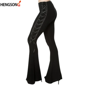 

Autumn Gothic Punk Style Women Sexy Bell Bottom Pants Lady Stretch Lace-Up Flared Legging Solid Color Black