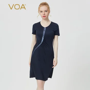 

VOA 33MM Silk Knitted Short Sleeve dress Pleated Waist Hugging Jacquard Mix Material Stitching dresses for women AE57