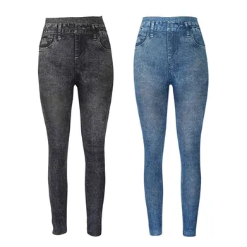 

New Women Leggings Soft Leggings Polyester Explosions Of Solid Color Imitation Denim Ankle-Length Leggings
