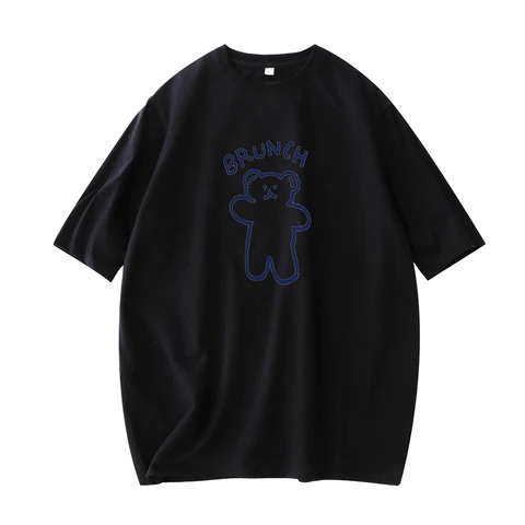 2021 New Women Blue Bear Printed T-shirt Female Cotton White Black Tees Lady Short Sleeve Tshirts Tops WT2129
