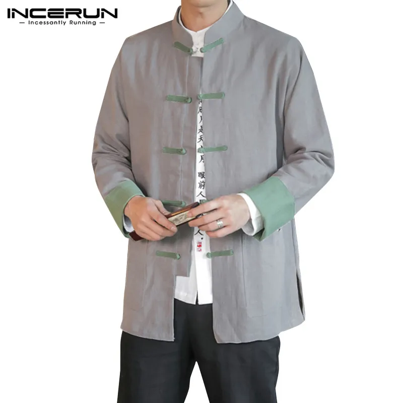 Gray Shirt INCERUN, Китайская традиционная рубашка для мужчин, хлопковый костюм в стиле Танг, винтажные топы с длинными рукавами и пуговицами, высококачественные повседневные рубашки в стиле пэчворк - Цвет: Gray Shirt