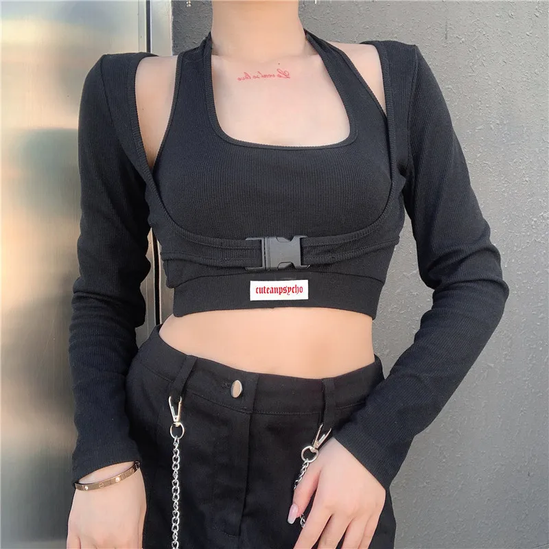 2020 Women's Solid Color Long-sleeved Top, Fake Two-piece Short Vest + Button Sleeves, Girl Dance T-shirt High Street Clothing