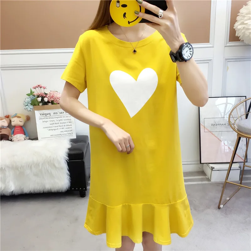 

2019 Spring And Autumn New Style Korean-style Loose-Fit Fishtail Mid-length Short Sleeve T-shirt Skirt Flounced Fairy Dress Summ