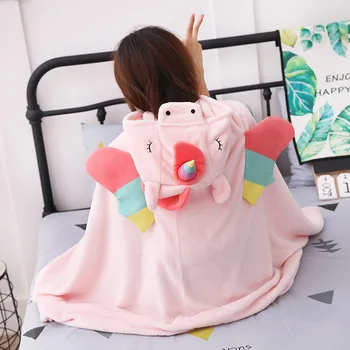 

Cute cartoon pink unicorn hooded blanket flannel office sleeping air conditioning blanket large shawl cloak b136