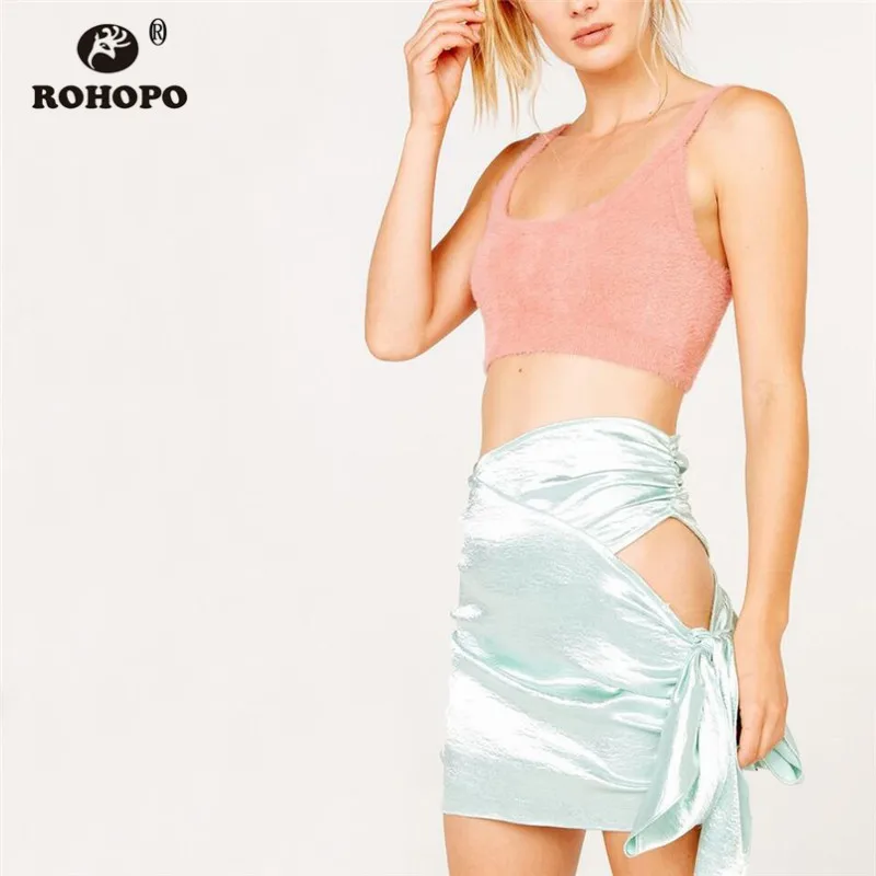 

ROHOPO Wide Spaghetti Faux Fur Red Crop Knitted Tops Tee Chic Female Solid Sexy Holidays Thickness Tops T shirt #6092