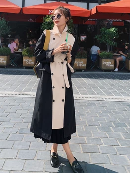 

Women Trench Long Coat Double Breasted Black-Khaki Windcheater Cloak with Belt Turn-down Collar Ladies Outerwear Fashion 2020