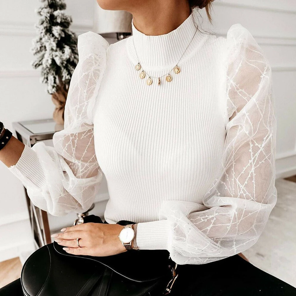 Women Sequin Mesh See Through Sleeve Frill Stitching Half High Neck Blouse Solid Color Spliced Ribbed Knitwear Elegant Shirts
Women Sequin Mesh See Through Sleeve Frill Stitching Half High Neck Blouse Solid Color Spliced Ribbed Knitwear Elegant Shirts