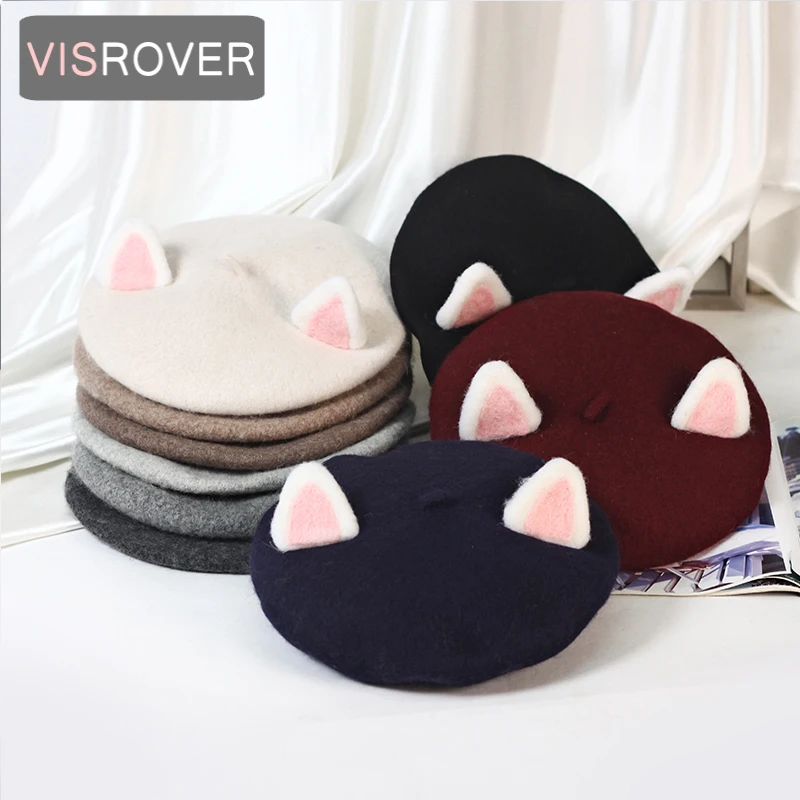 

VISROVER 2020 New Cute Adult Cat Ear 100% Wool Beret Solid Autumn Hat Winter Cap Spring Punk Beret Hat Rabbit Beret Wholesale