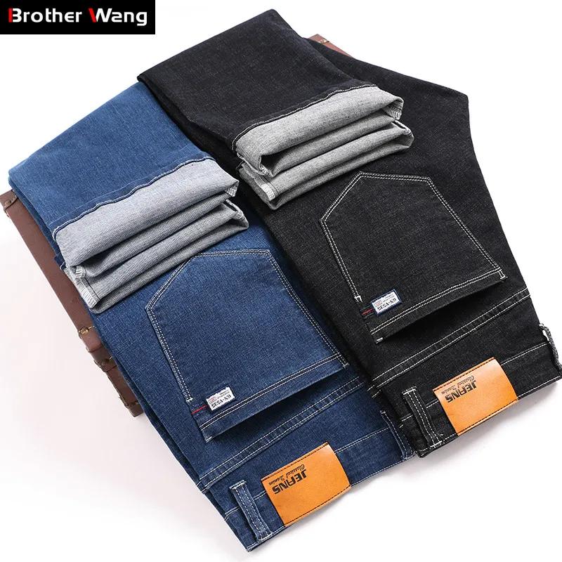 

Classic Style Men's Business Fashion Jeans 2019 Autumn Winter New Black Blue Thick Straight Stretch Denim Trousers Male Brand