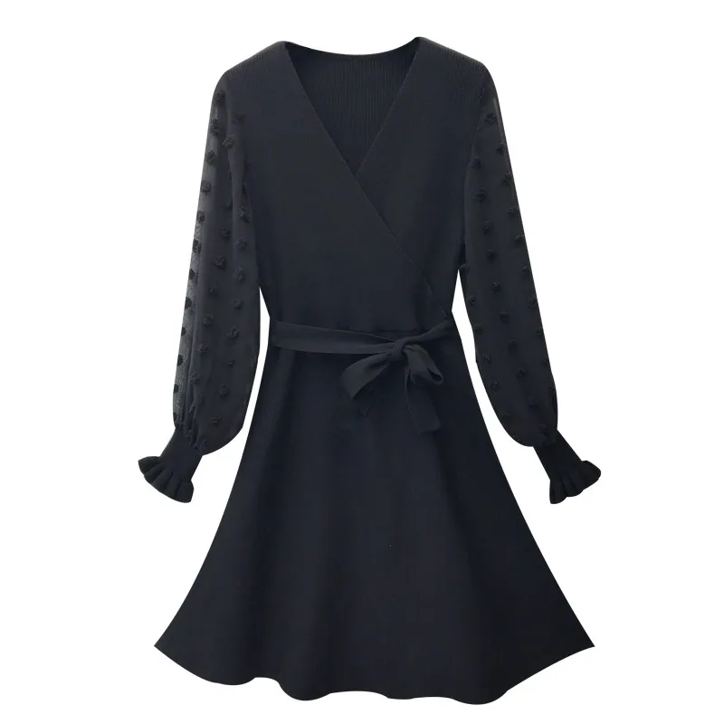 Autumn Women's Temperament V-neck Stereo Flower Lantern Sleeves Chiffon Fight Receive Waist Knitting dress | Женская одежда