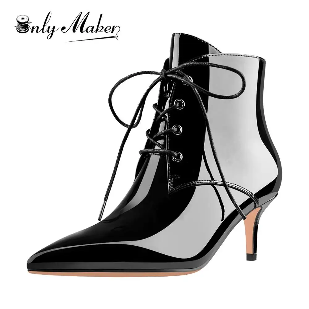 

Onlymaker Women's Kitten Low Heel Ankle Bootie Pointed Toe Lace Up Comfortable Walking Short Boots Black Big Size US15 EU46