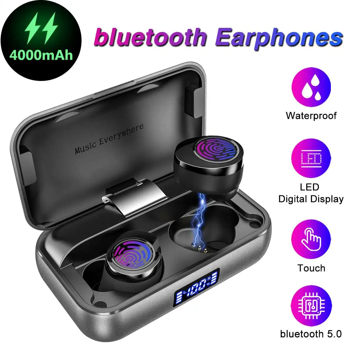 

bluetooth 5.0 Earphone Wireless Dual LED Power Display IPX7 Waterproof Sport Touch Earbuds Headset 4000mAh Power bank