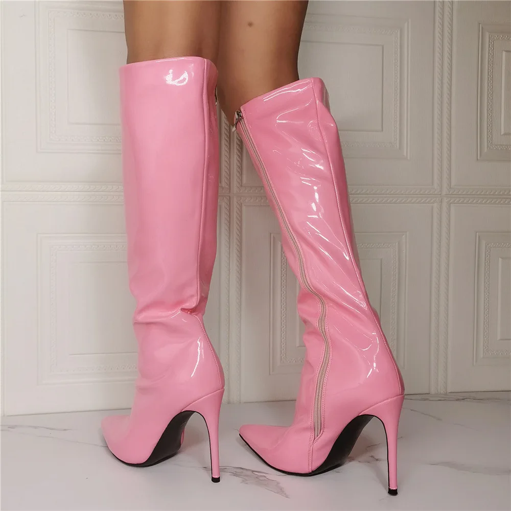 Kolnoo 2022 New Womens High Heel Boots Pink Patent Leather Sexy British Style Party Mid Calf Boots Evening Fashion Half Shoes