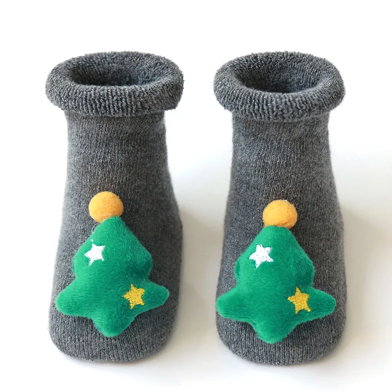 Рождественские носки для новорожденных, хлопковые махровые носки-тапочки, силиконовые Нескользящие Детские носки, От 0 до 3 лет - Цвет: Серый