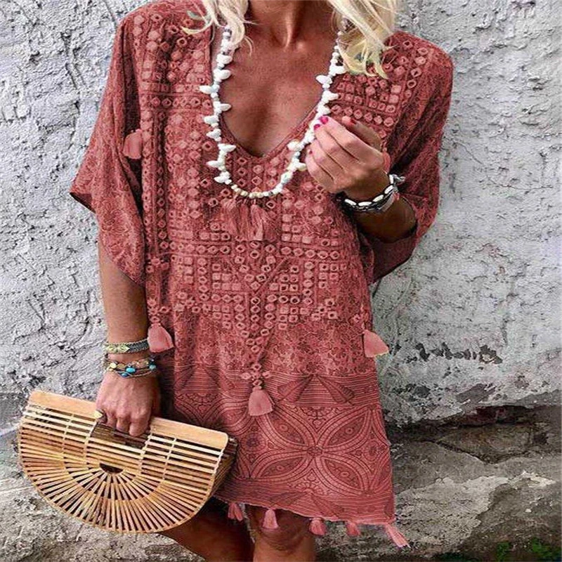 Vestidos para mujer, vestido de verano, ropa americana, de poliéster, bohemio, cuello en V, estampado, retro|Vestidos| - AliExpress