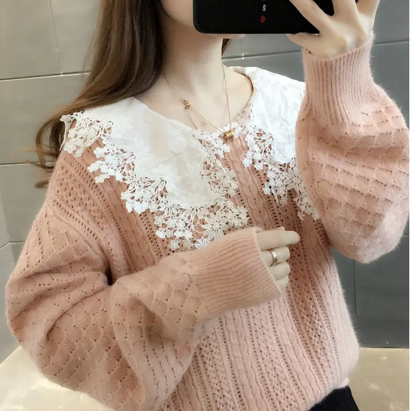 pullover sweater 2022 Spring Autumn Sweater Female Korean Version Loose Autumn Winter Outer Wear Lace Doll Collar Knit Pullover Top christmas sweatshirt Sweaters