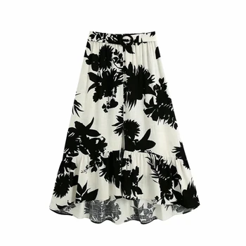 

Women Vintage Flower Printing Single breasted Midi Skirt Casual Ladies Ruffled hem Loose longuette Fashion Womens P1780