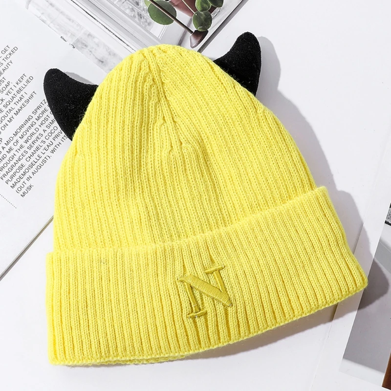 Cute Cow Horns Wool Hat Letter N Knitted Hat Ear Protect Warm Autumn Winter for Boy Girl Xmas Halloween New Year Party