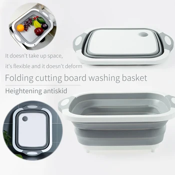 

3 IN 1 Folding Cutting Board Basket Collapsible Dish Tub with Draining Plug Colander Fruits Vegetables Wash Drain Sink Storage
