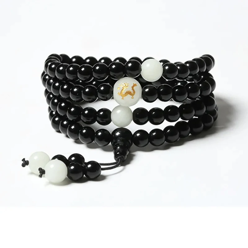 Браслеты из черного натурального обсидиана круглые бусины со знаками Зодиака