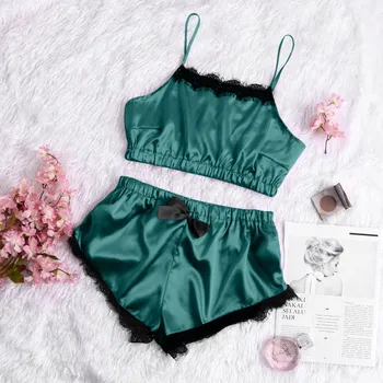 

Womens Sexy Camisole Satin Sling Sleeveless Sleepwear Lingerie Lace Bowknot Nightwear Underwear Set Vestido para dormir W5