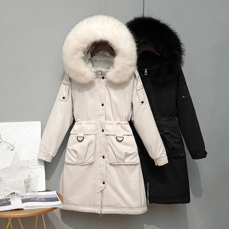 Большой пуховик с воротником из меха енота, зимняя куртка, 90% белый утиный пух, теплые парки с капюшоном, пальто со съемной подкладкой