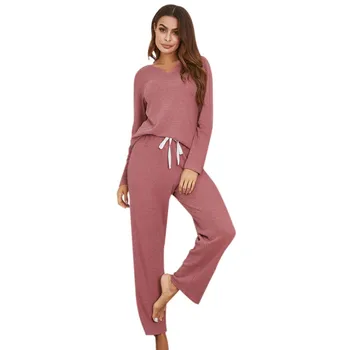 

Woman Pajama Sets Female Autumn Winter Newest Casual Long Sleeve V-Neck Solid Color Loose Breathable Simple Tops Plus Pants Sets