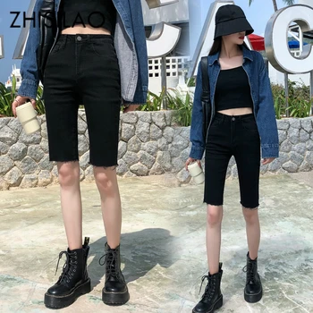 

High Waist Denim Capris Shorts Solid Black Blue Pencil Skinny Shorts Jeans Summer 2020 Vintage Boyfriend Knee Length Shorts
