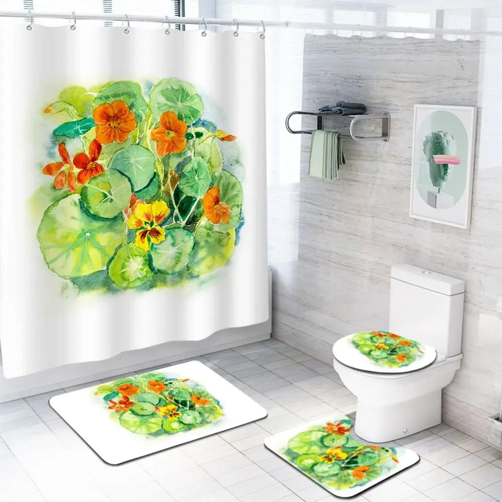 

Shower Curtain Set Plant Flower Pattern Anti-Mold Carpet Non-Slip Toilet Cushion Four-Piece Combination Home Decoration