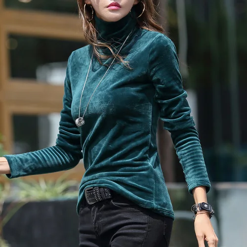 Fv7051 новинка осень зима женская модная повседневная футболка женские красивые топы плюс кашемир теплая женская одежда - Цвет: Dark green