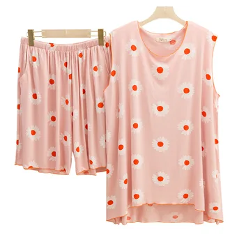 

4XL 5XL Summer Women Sleepwear Women's Pajamas Set Sleeveless Large Size T-Shirt & Shorts 2 Pcs Sets Pyjamas Home Service K364