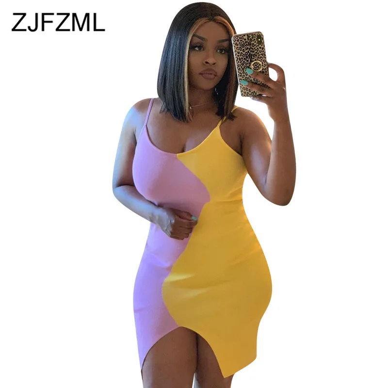 

Color Block Sexy Bodycon Short Dress Women Spaghetti Strap Front Split Bandage Dress Summer Backless Plus Size Wrap Mini Vestido