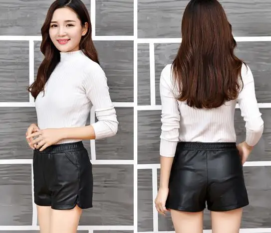 Black shorts female autumn and winter new pu high waist Korean elastic waist slim fit large size wearing wide leg leather