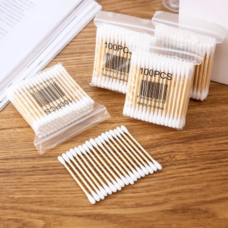 100pcs/bag Double Head Cotton Swabs Women Makeup Disposable Cotton Buds Nose Ears Cleaning Wood Swabs