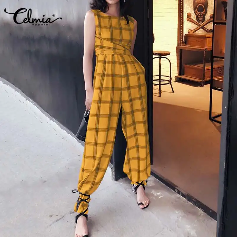 Rompers Womens Jumpsuit Celmia 2020 Summer Sleeveless Elegant OL Plaid Playsuits Casual Wide Leg Pants Belted Grid Print Overall Rompers Womens Jumpsuit Celmia 2020 Summer Sleeveless Elegant OL Plaid Playsuits Casual Wide Leg Pants Belted Grid Print Overall