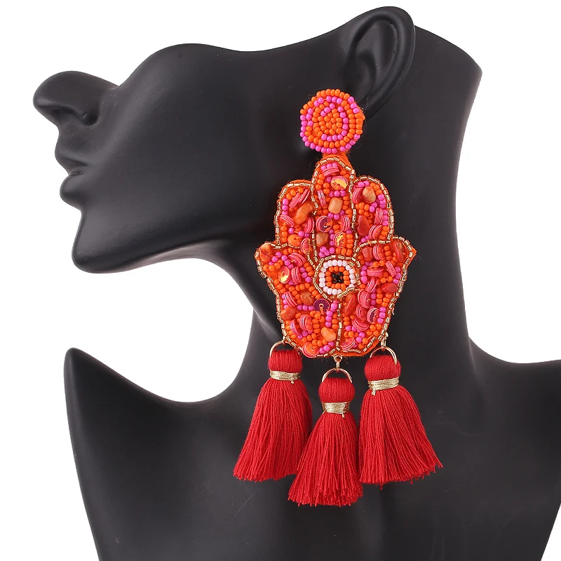 boho finger earrings beads handmade earrings for women  Red